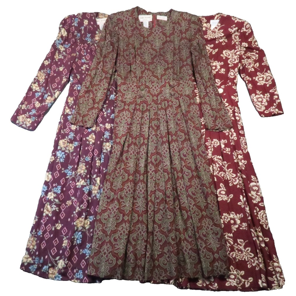 Vintage 80s Maxi Dresses 12 Burgundy Floral Office Modest Cottagecore Church 90s